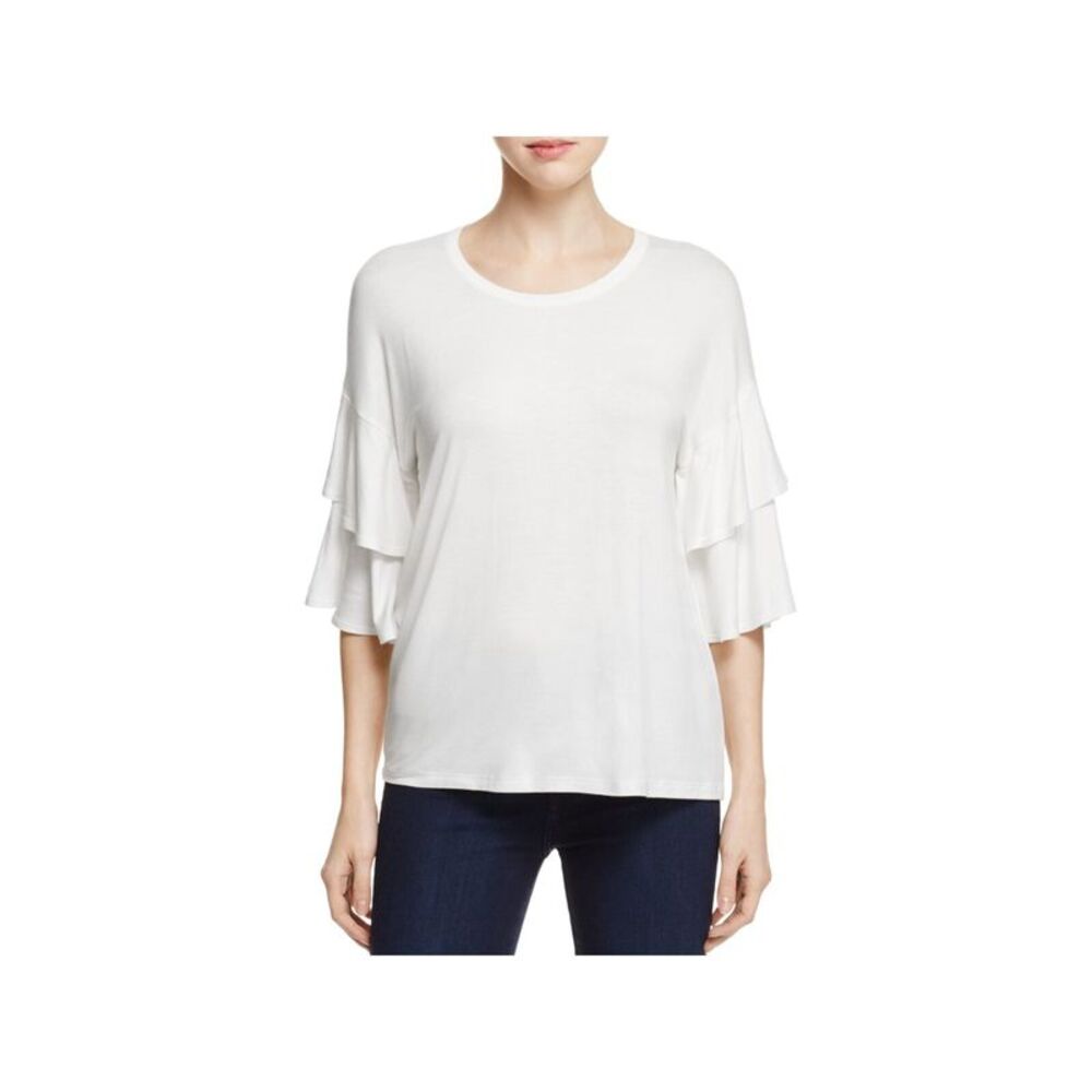 K & C Womens Top Stretch Ruffled Round Neck Tiered Bell Sleeve